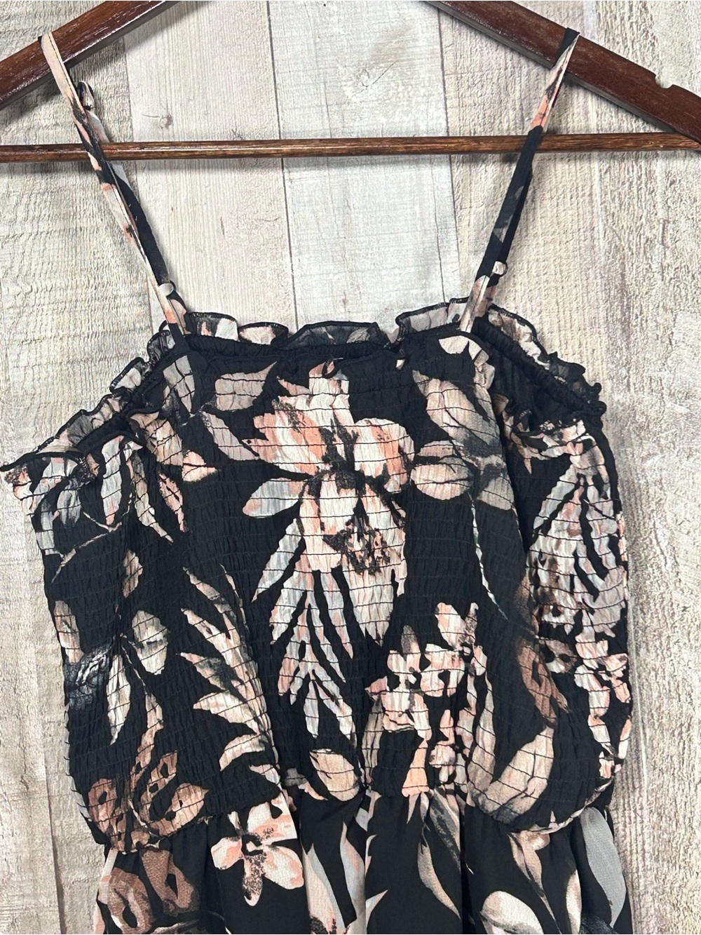 NWT Floral Smocked Midi Dress Large Black Blush Tiered Ruffle Cottagecore